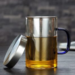 Glass Cup with Blue Handle – 500ml
